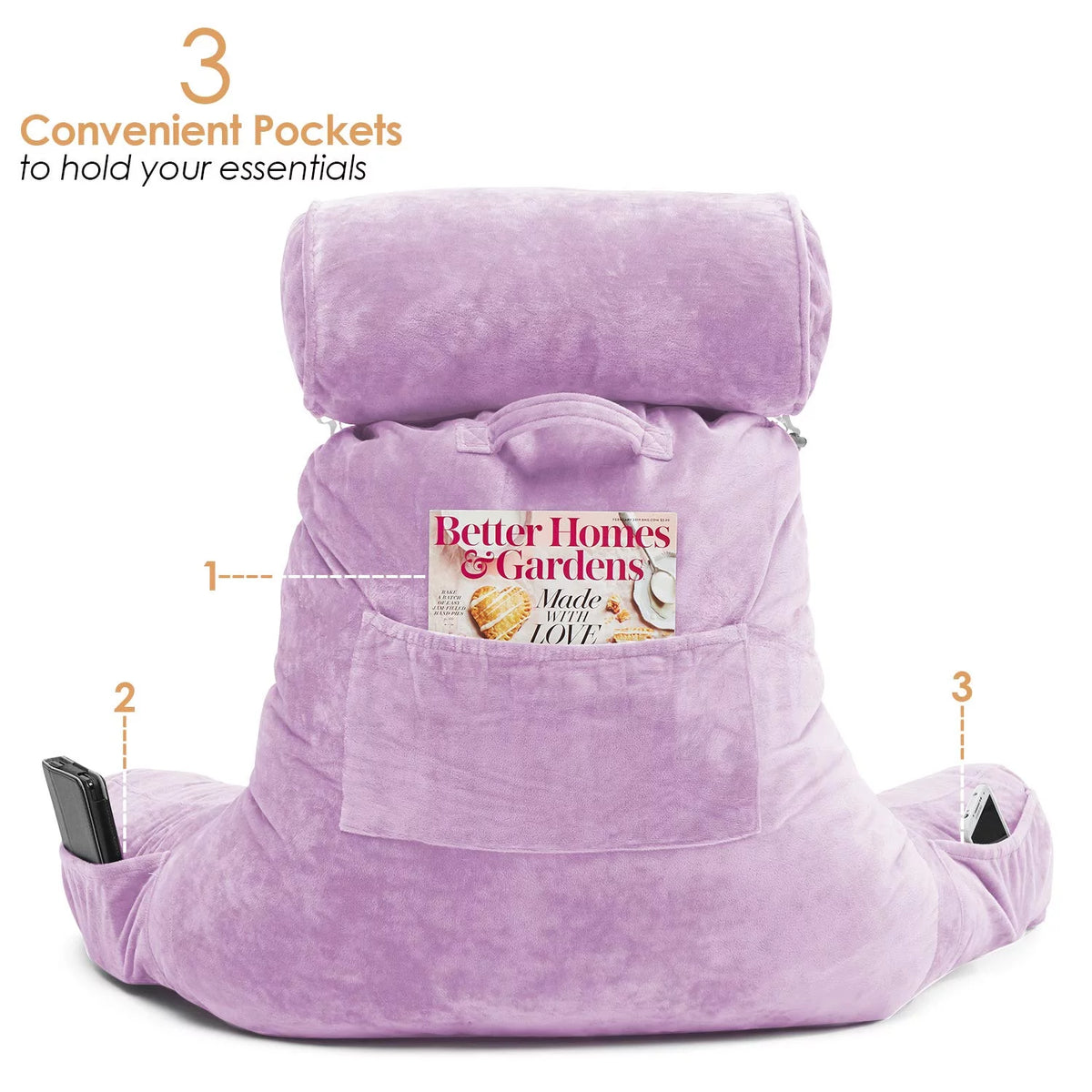 Light Purple Shredded Memory Foam Bed Rest Pillow with Arms and Pockets Q435