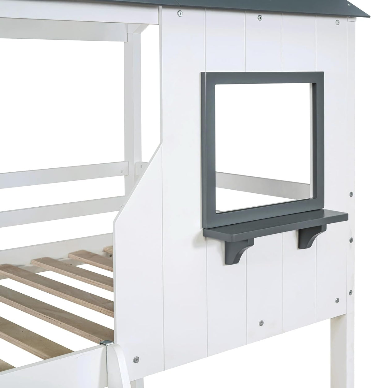 White Wood House Shape Kids Bed Frame with Roof Guardrail Ladder M673