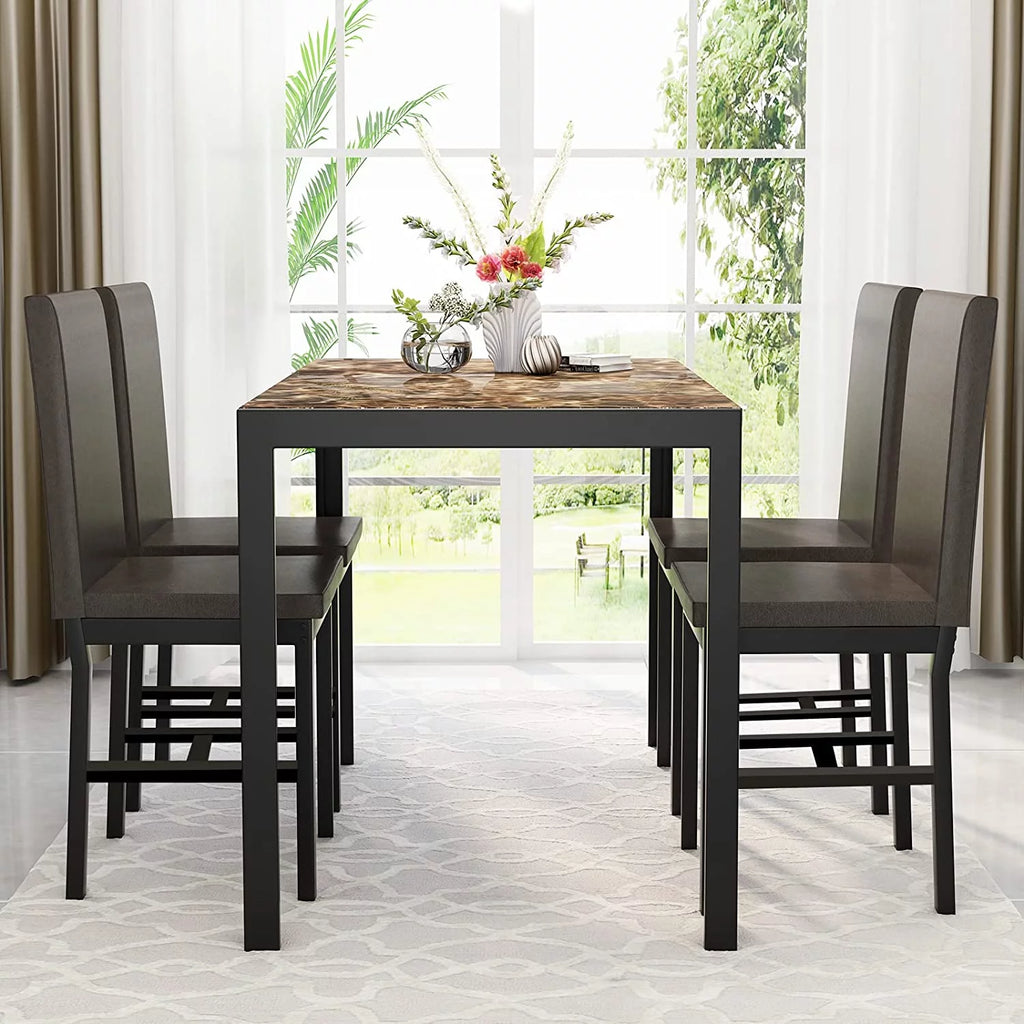 5 Piece Marble Dining Table Set with Faux Leather Metal Frame Chairs W656