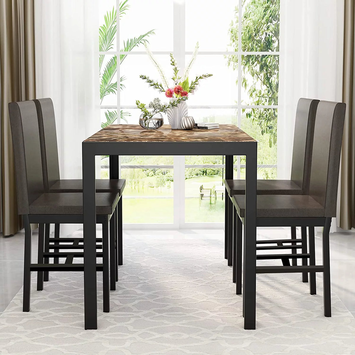 5 Piece Marble Dining Table Set with Faux Leather Metal Frame Chairs W656