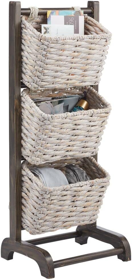 White/Gray Wash 3 Tier Wood Storage Basket Stand E750565