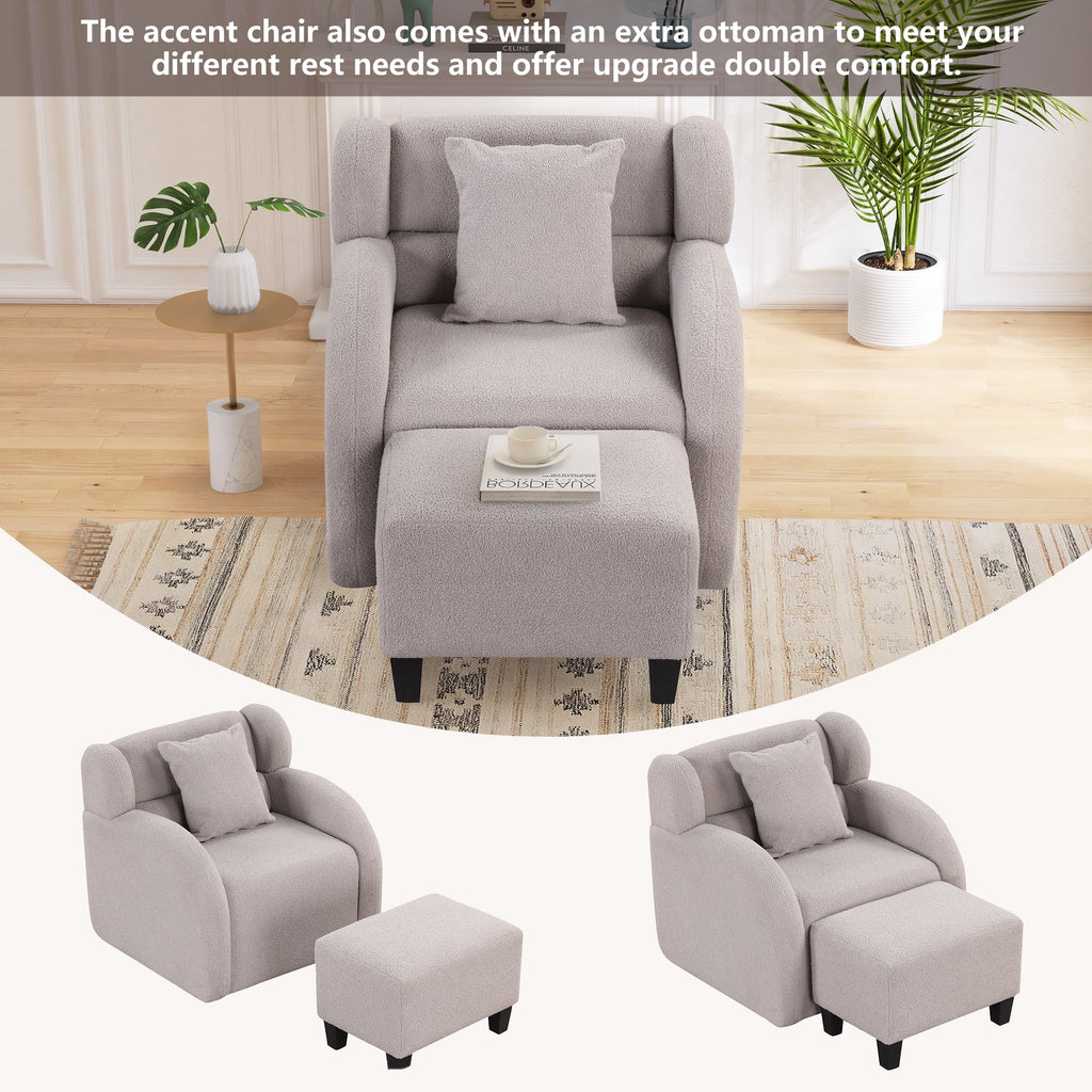 Grey Teddy Short Plush Swivel Accent Chair with Ottoman W8852