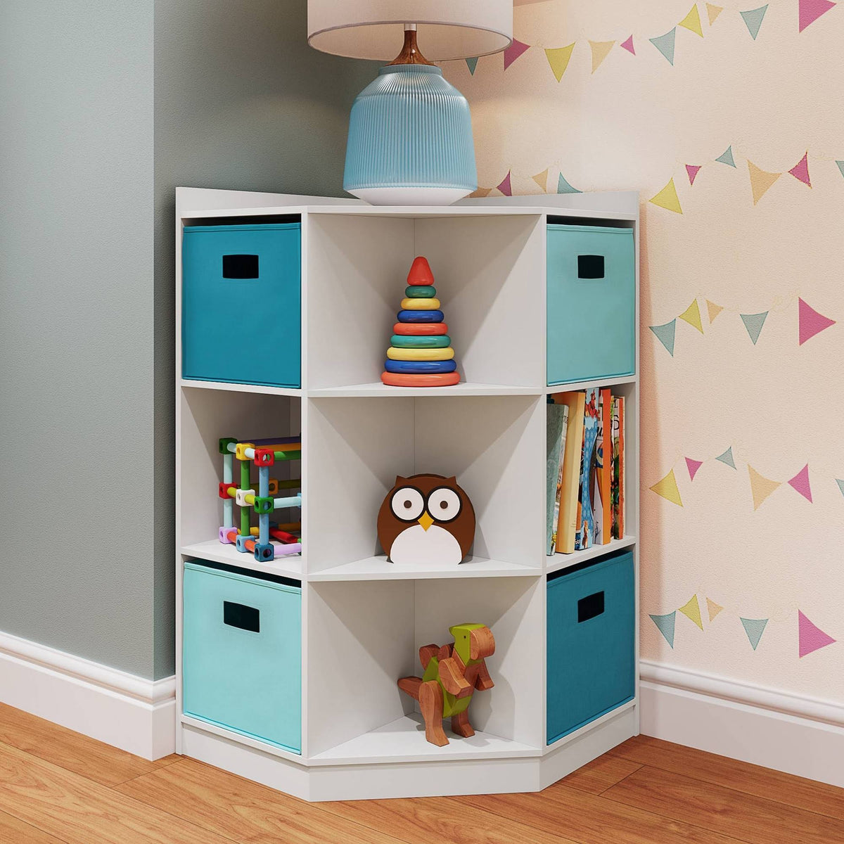 5pc Kids Corner Cabinet Set with 4 Bins White Turquoise Aqua D480