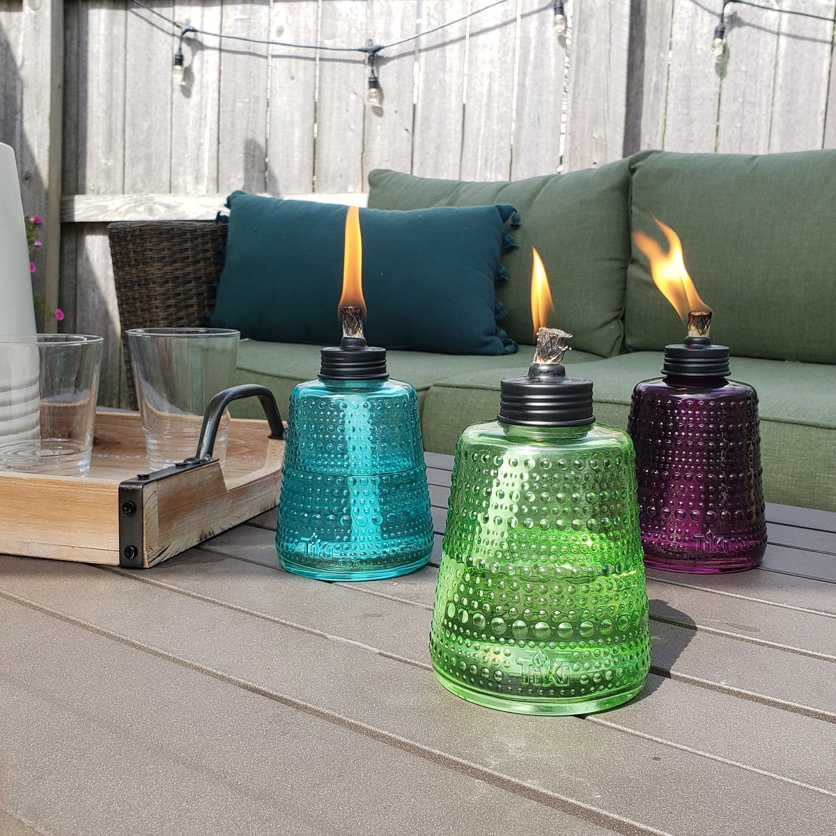 3-Pack 6" Table Torch Glass Blue Green and Purple X798014