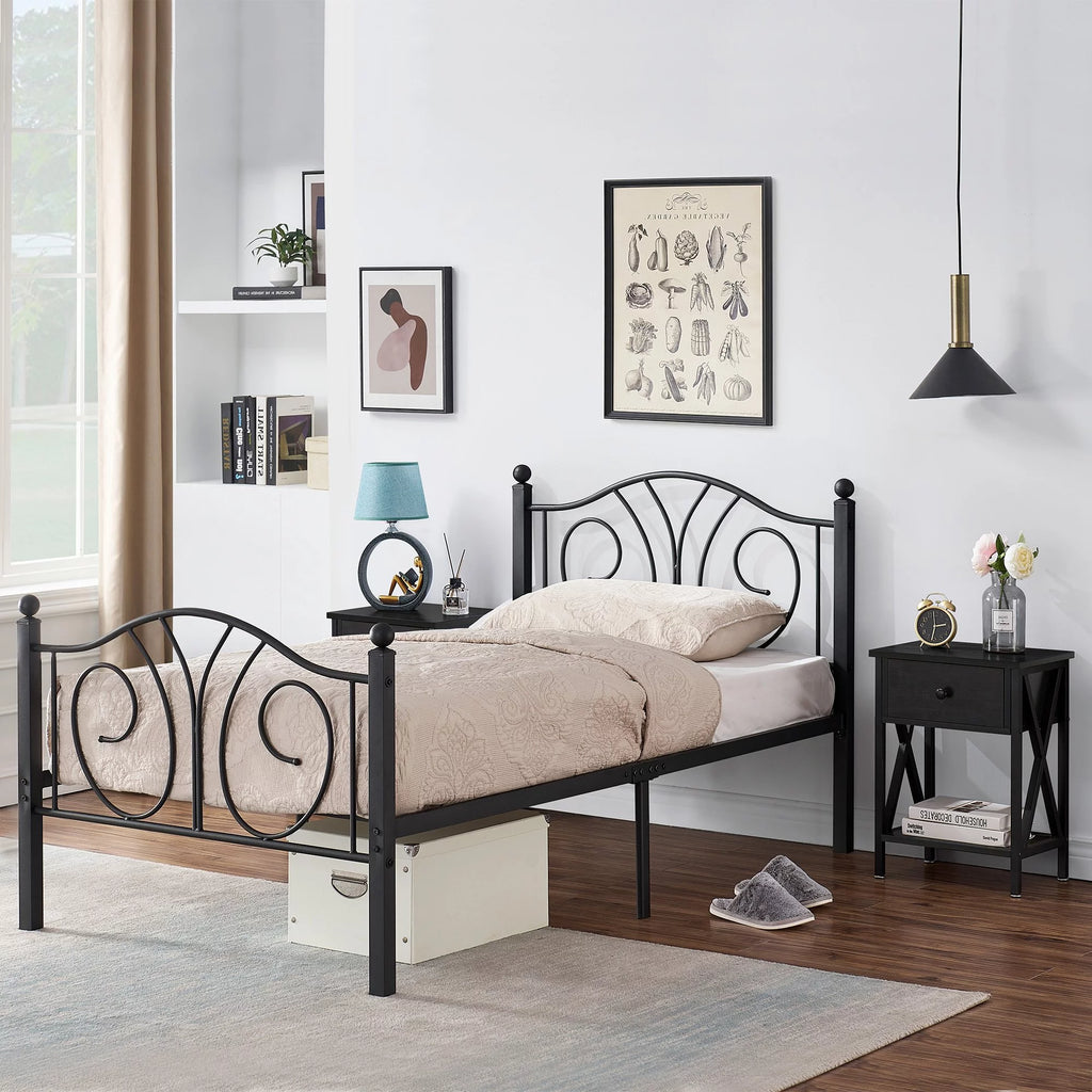 Twin Size Metal Bed Frame and 2 Black Nightstands Y256205