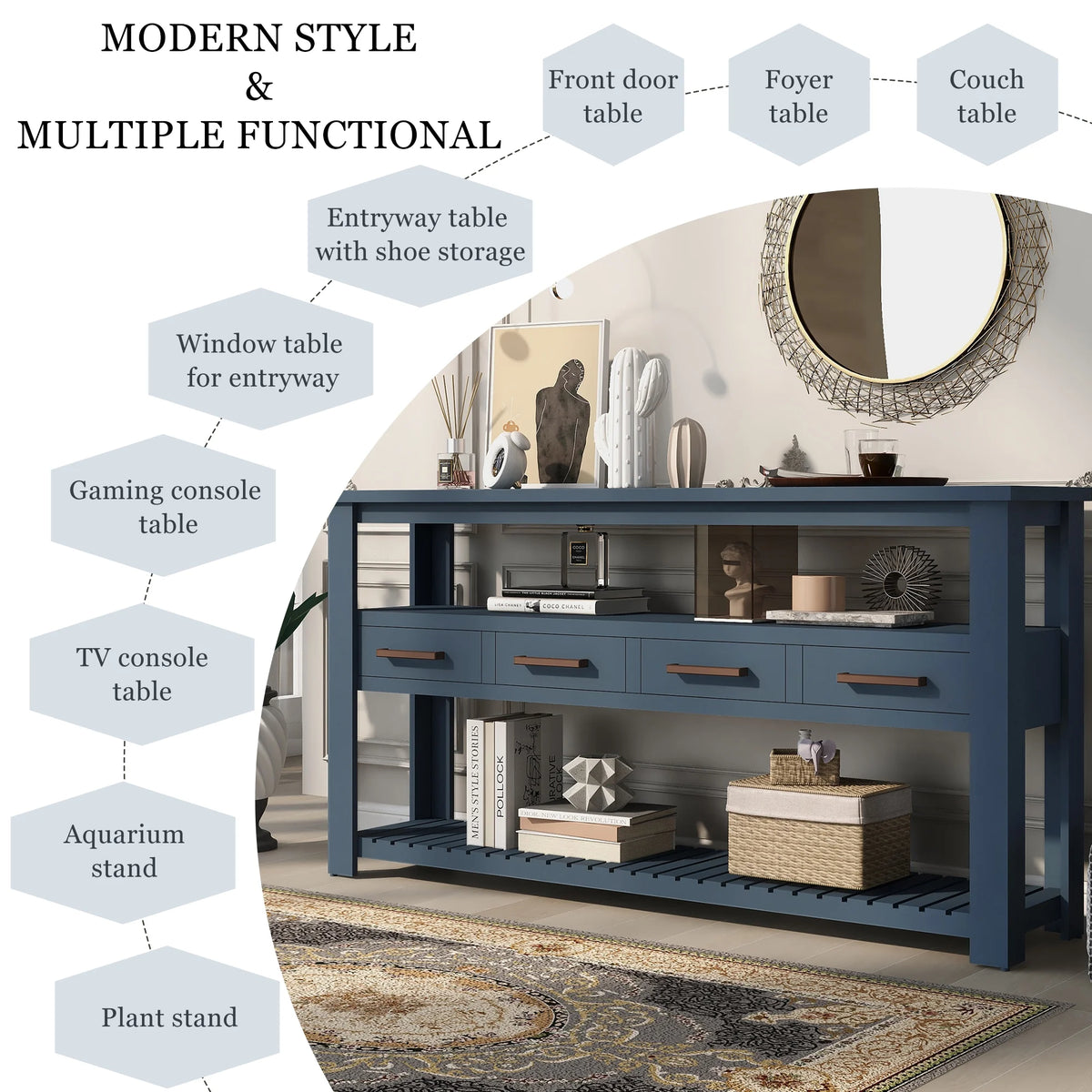 Navy Blue 62.2" Long Console Table with 4 Drawers and 2 Storage Shelves G63569