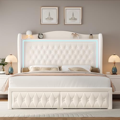 Beige Velvet Upholstered Queen Bed Frame with 2 Storage Drawers T52677