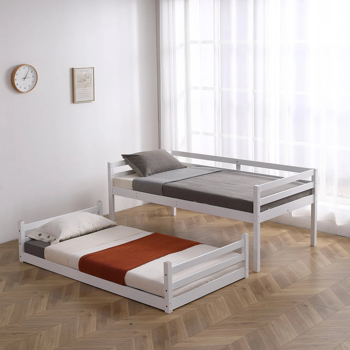 White Twin Over Twin Bunk Bed with Guard Rails U3294
