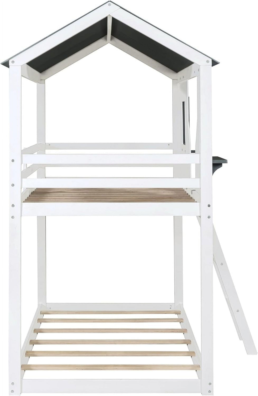 White Wood House Shape Kids Bed Frame with Roof Guardrail Ladder M673