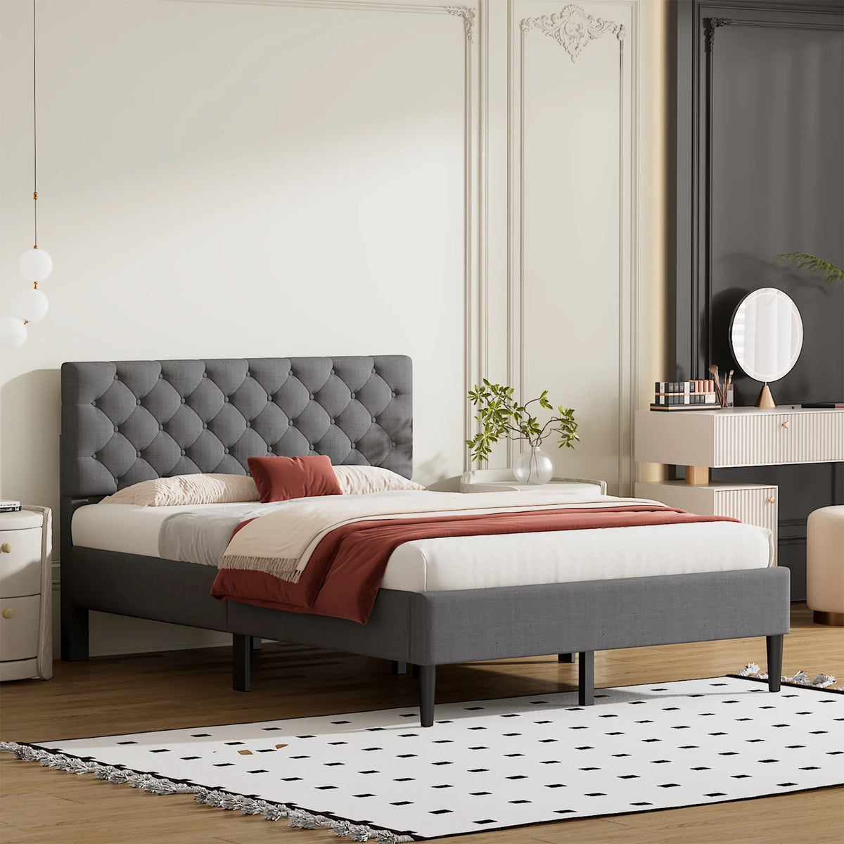 Full Size Gray Linen Upholstered Platform Bed with Tufted Headboard U526517