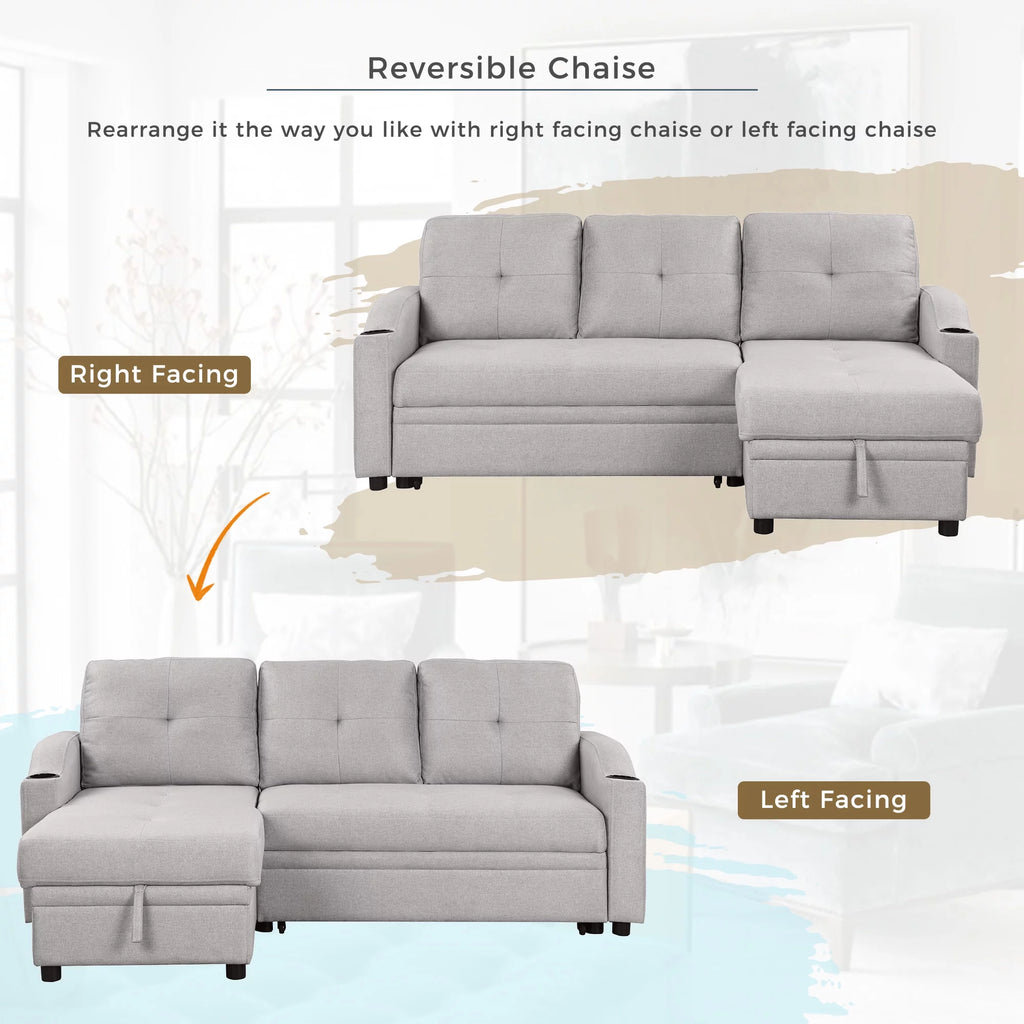 Gray Velvet L-Shape Sectional Sofa with Pull-Out Sleeper S1574