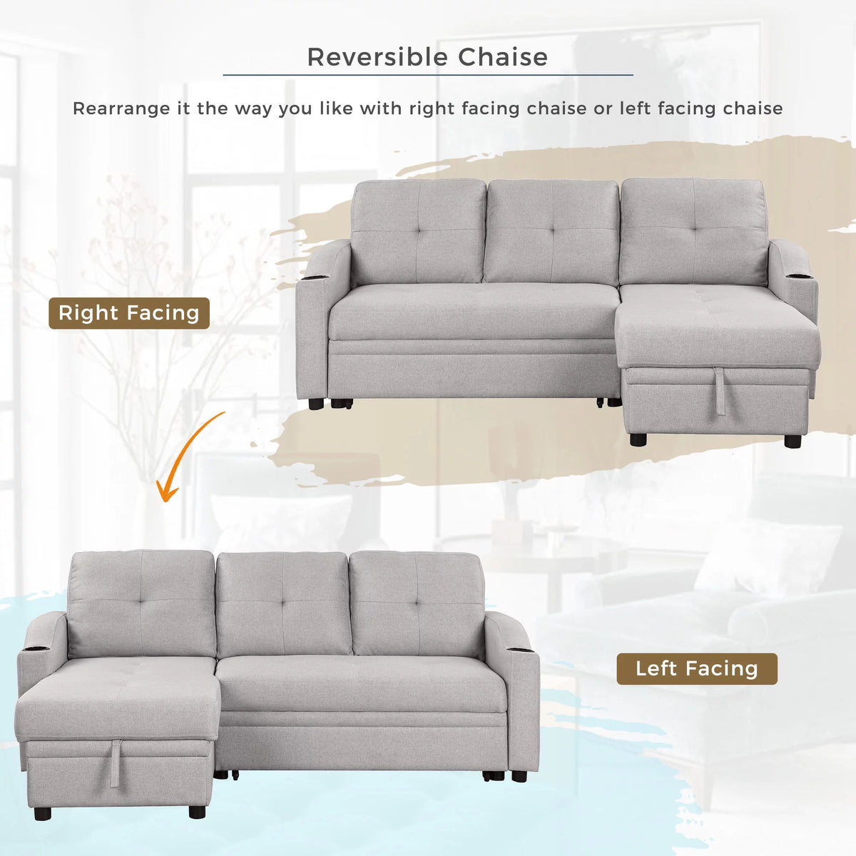 Gray Velvet L-Shape Sectional Sofa with Pull-Out Sleeper S1574