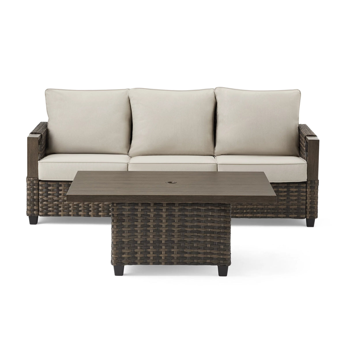 Brown Wicker Sofa and Adjustable Height Table Set Q69905
