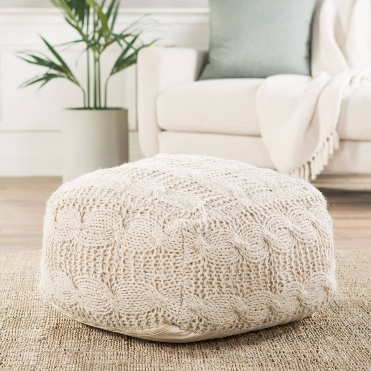 Ivory Wool Pouf O35072