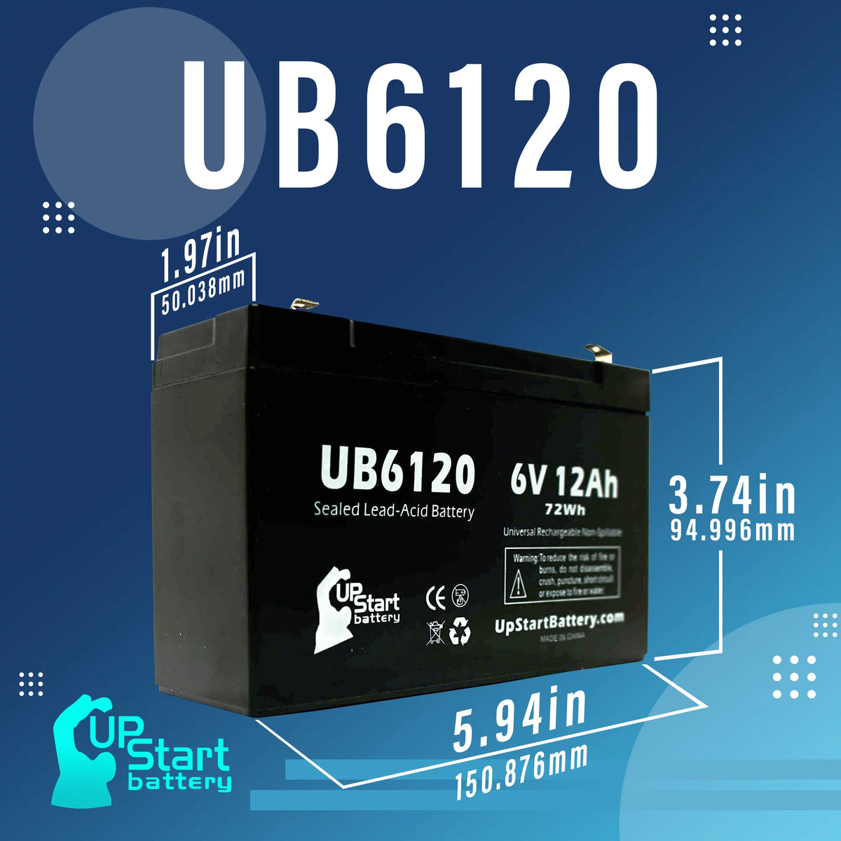 6V 12Ah Sealed Lead Acid Battery with F1 to F2 Terminal Adapters K1055