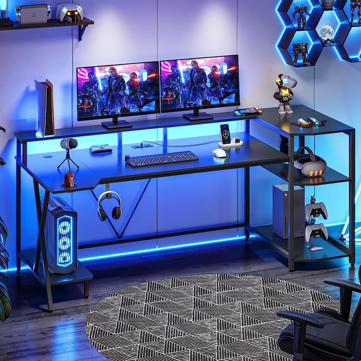 70.8'' Black Computer Desk with LED Lights and Storage Shelves H635681
