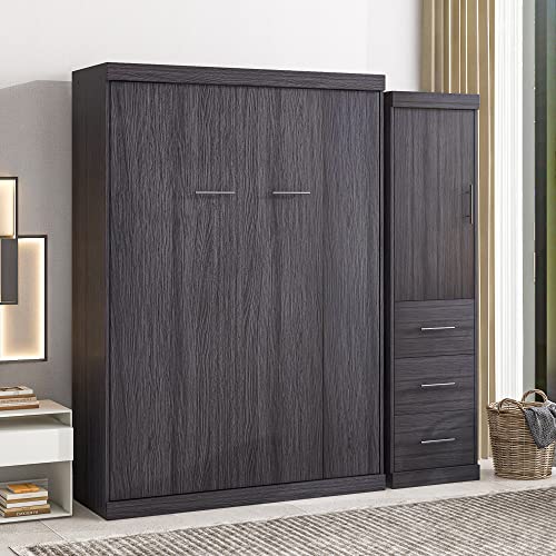 Full Size Grey Murphy Bed with Side Cabinet Storage H85773