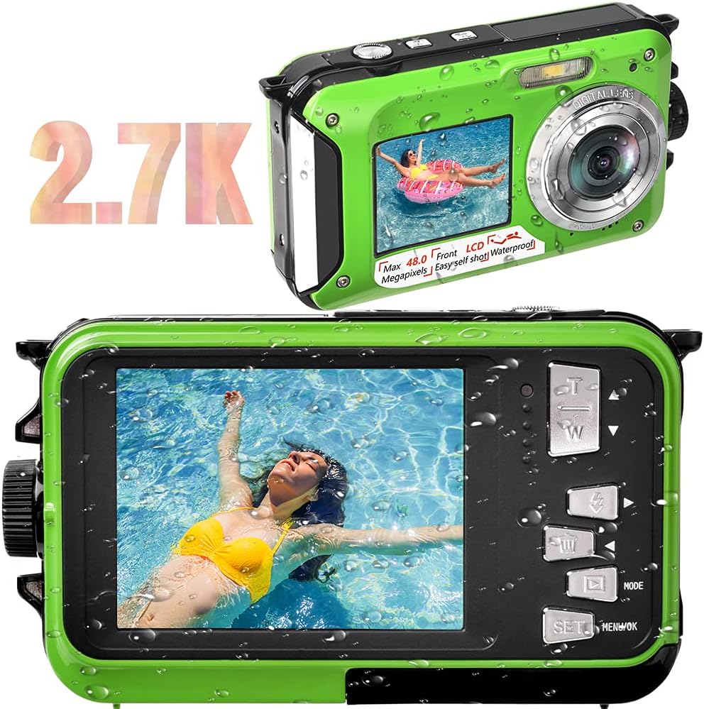 Green 48MP Waterproof Digital Camera 2.7K Video Dual Screen 16X Digital Zoom Flashlight 10 Feet Waterproof Pack of 2 F512265