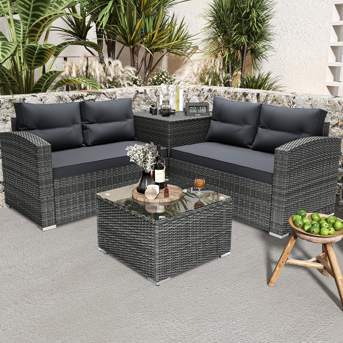 4 Pcs Wicker Patio Conversation Sofa Set with Storage Box & Table W38409