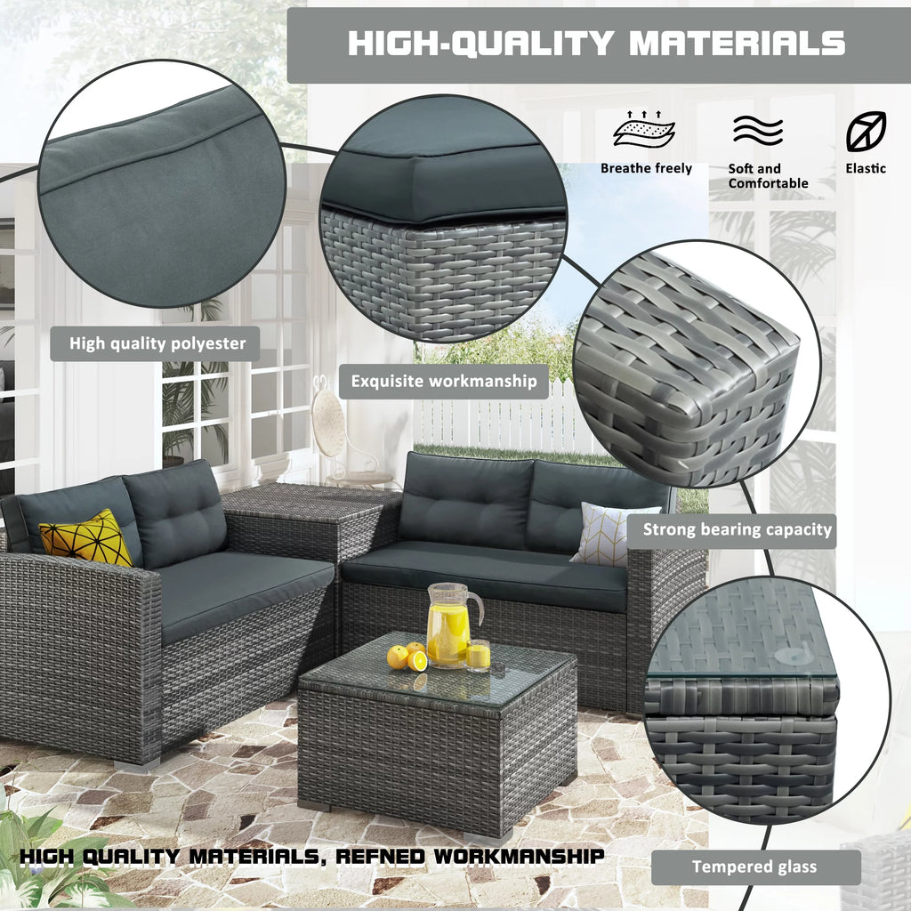 4 Pcs Wicker Patio Conversation Sofa Set with Storage Box & Table W38409