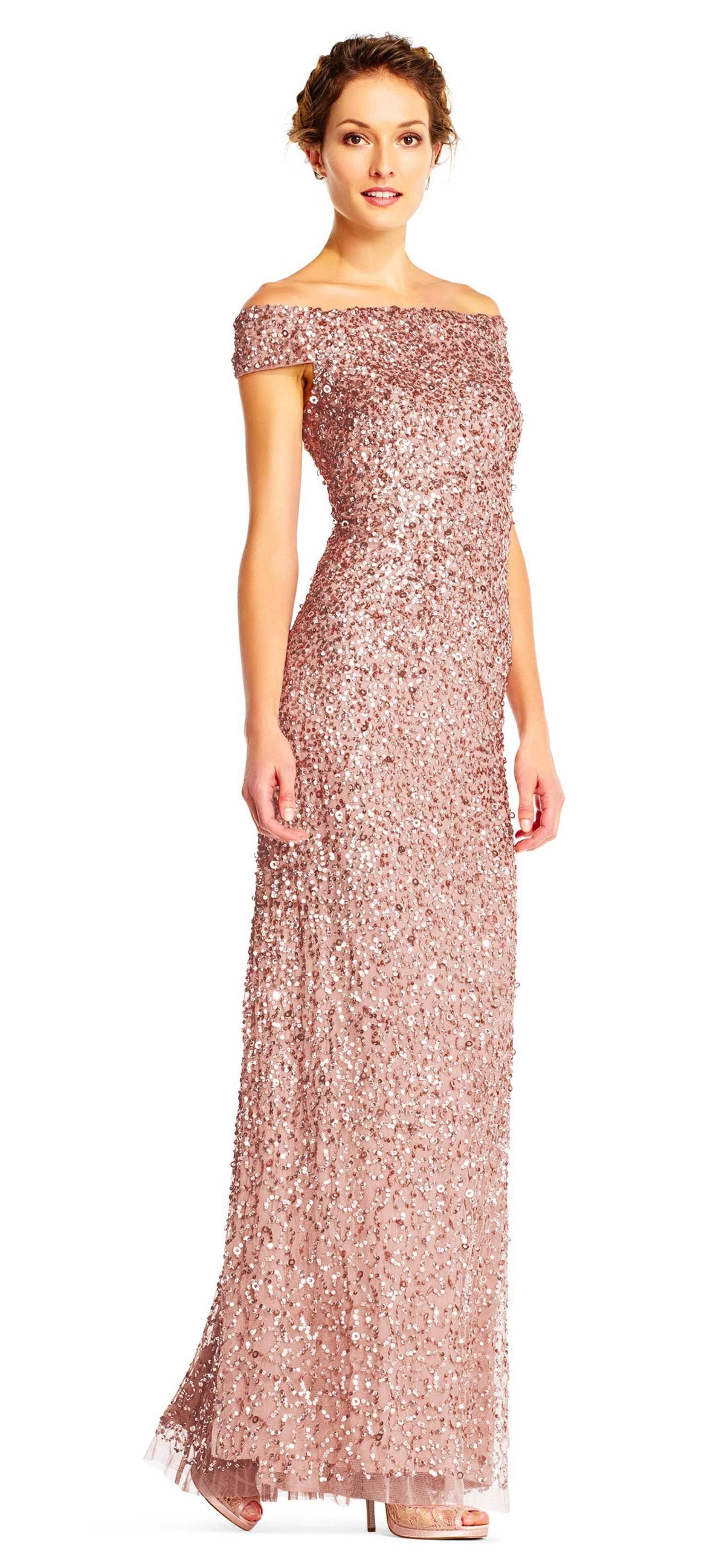 Pink Off The Shoulder Sequin Beaded Gown J125085