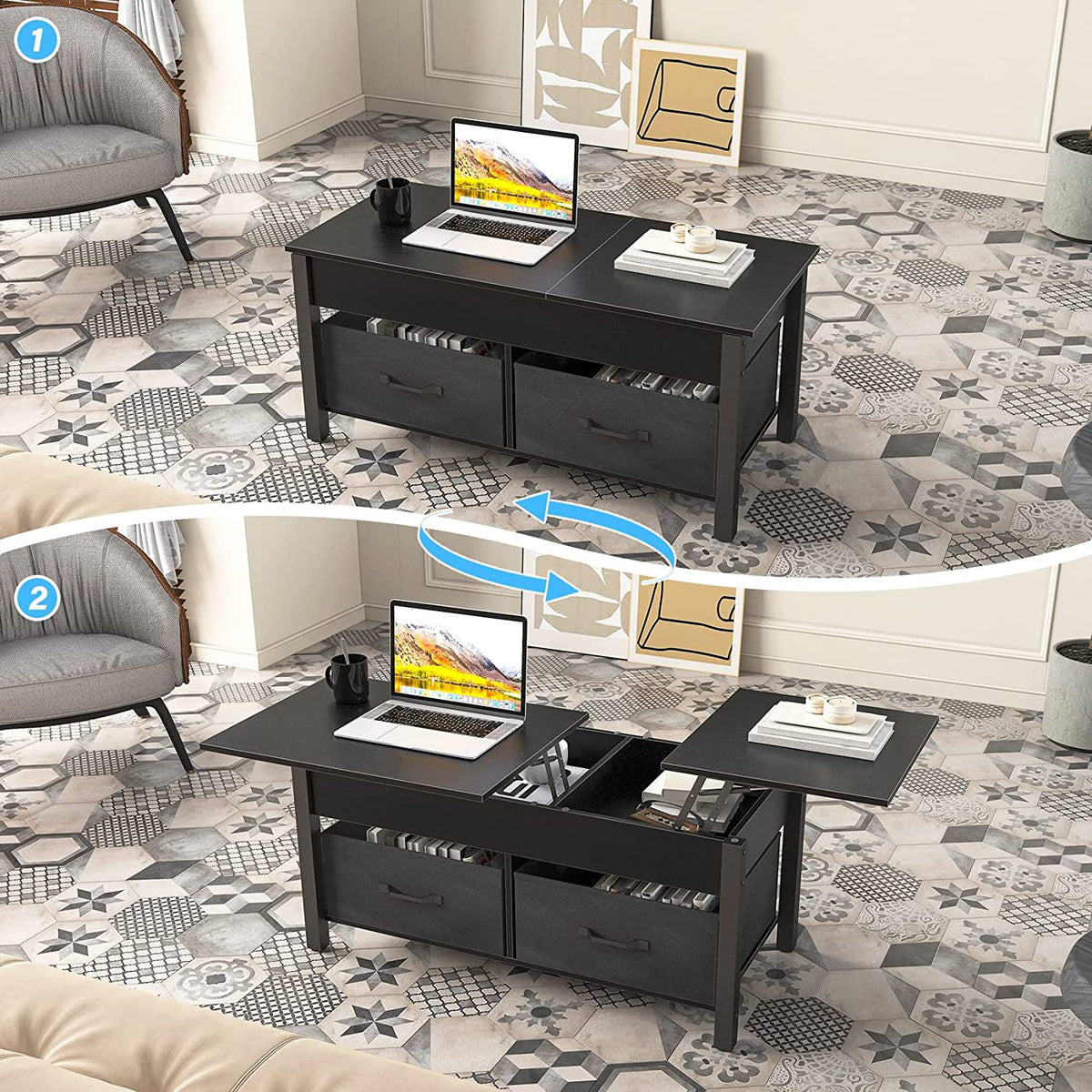 Lift Top Coffee Table with 2 Drawers and Open Side Shelf V278