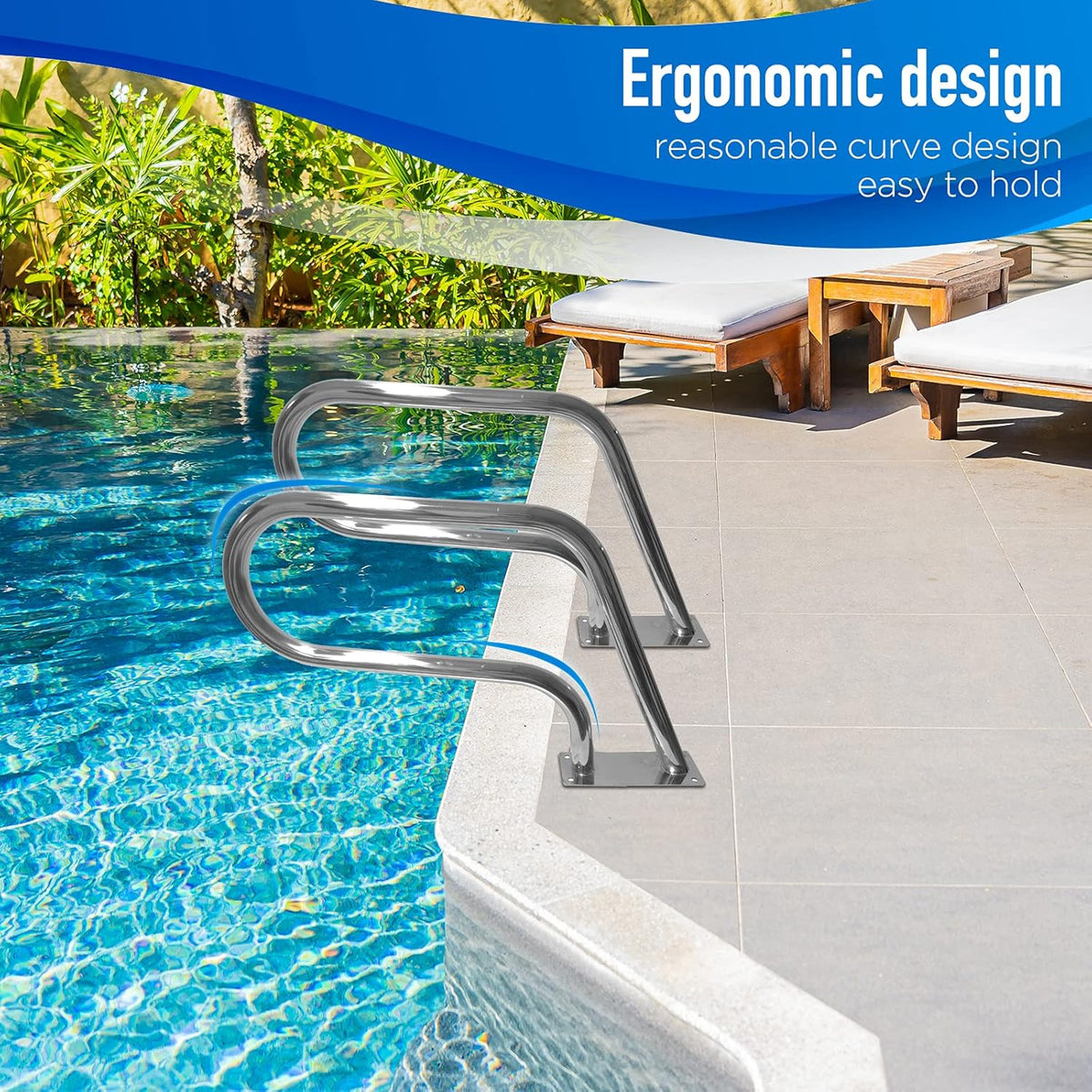 Pool Handrail 32x22.5 304 Stainless Steel with Base Plate Silver S7188