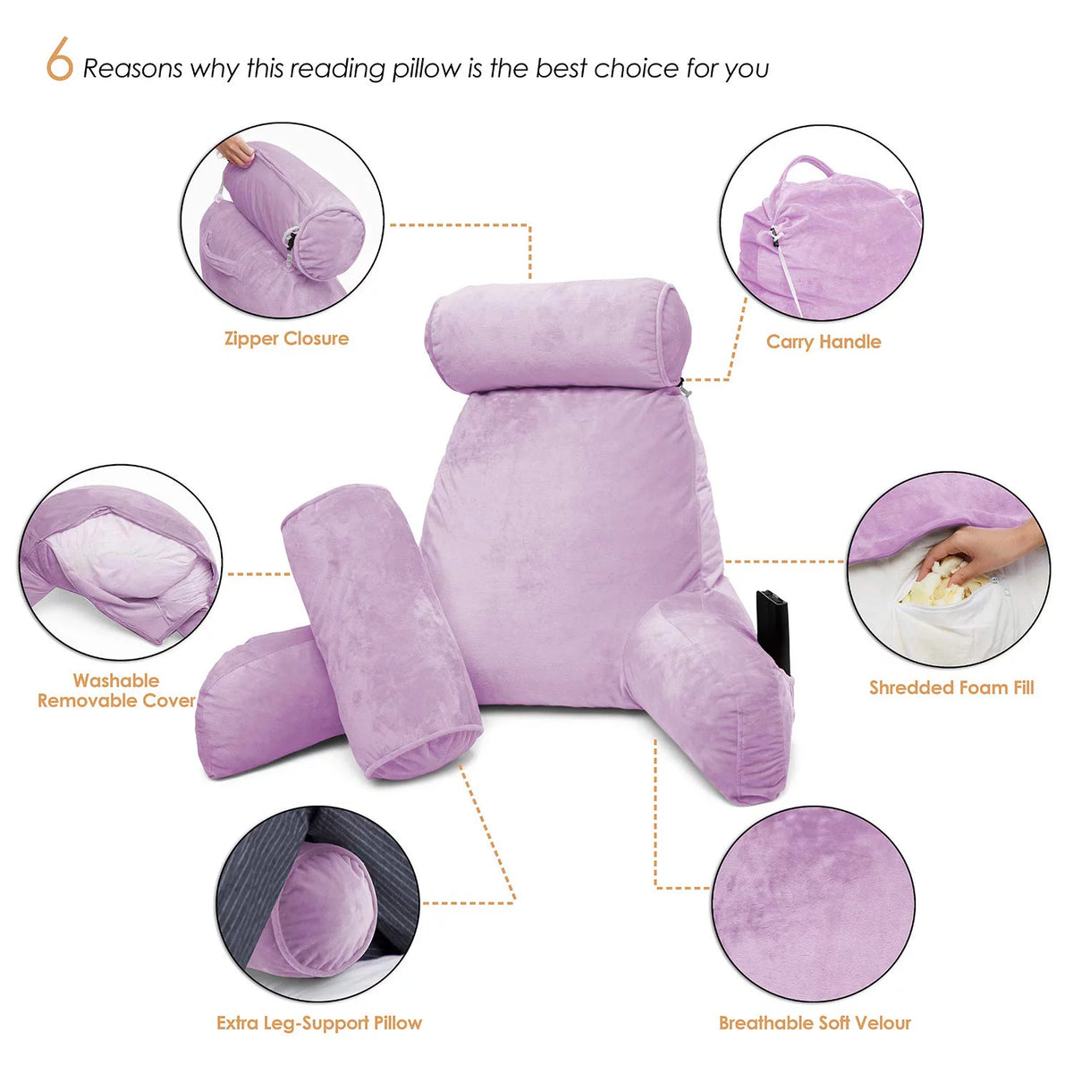 Light Purple Shredded Memory Foam Bed Rest Pillow with Arms and Pockets Q435