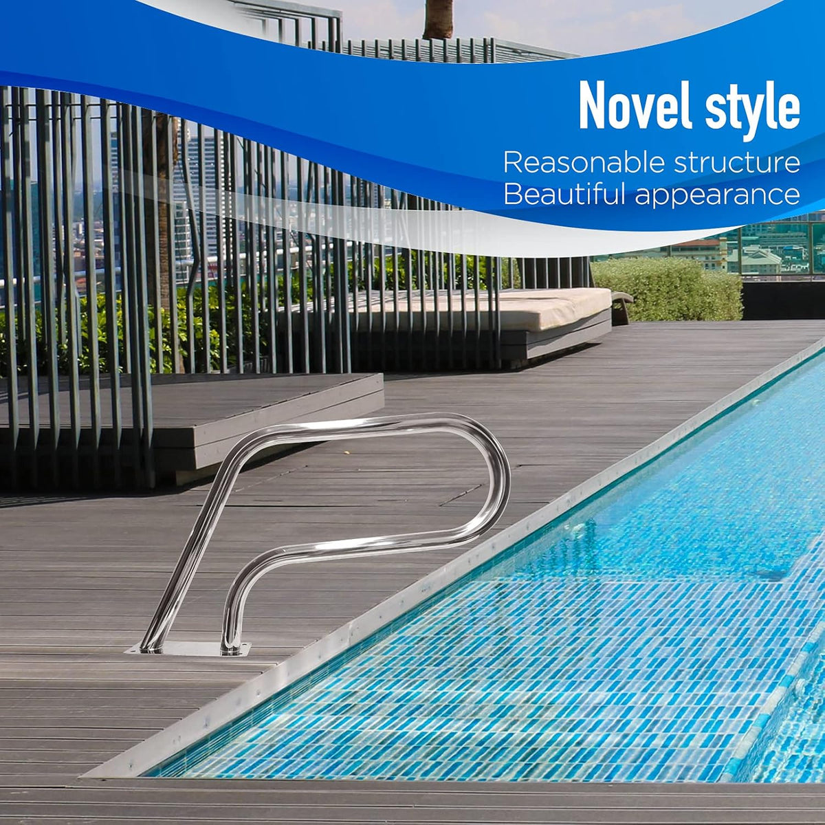 Pool Handrail 32x22.5 304 Stainless Steel with Base Plate Silver S7188