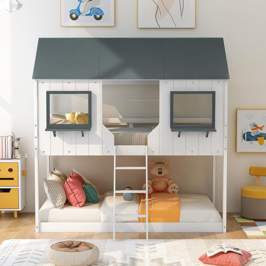 White Wood House Shape Kids Bed Frame with Roof Guardrail Ladder M673