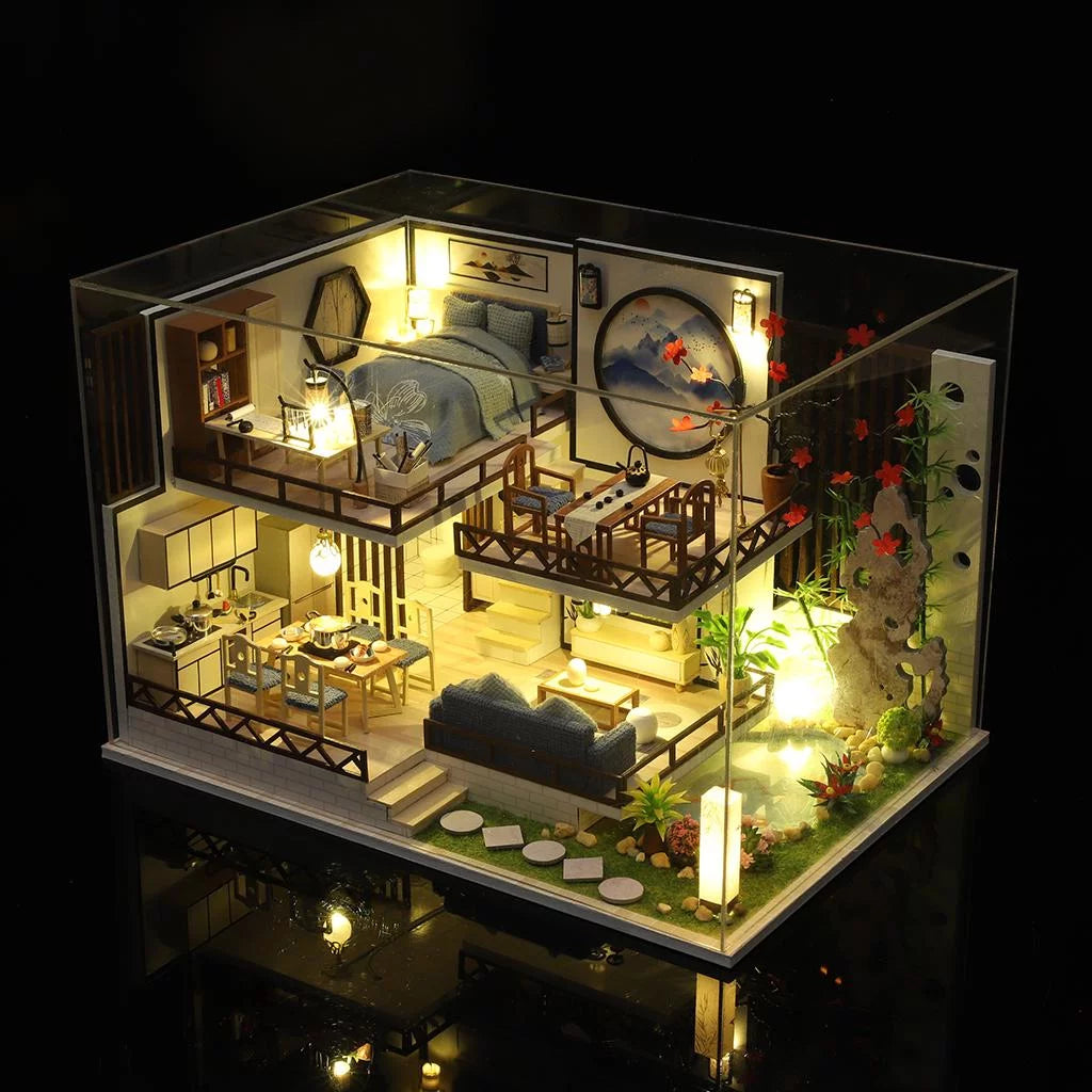 Miniature Wood Dollhouse with Furniture and Dustproof Cover X6273