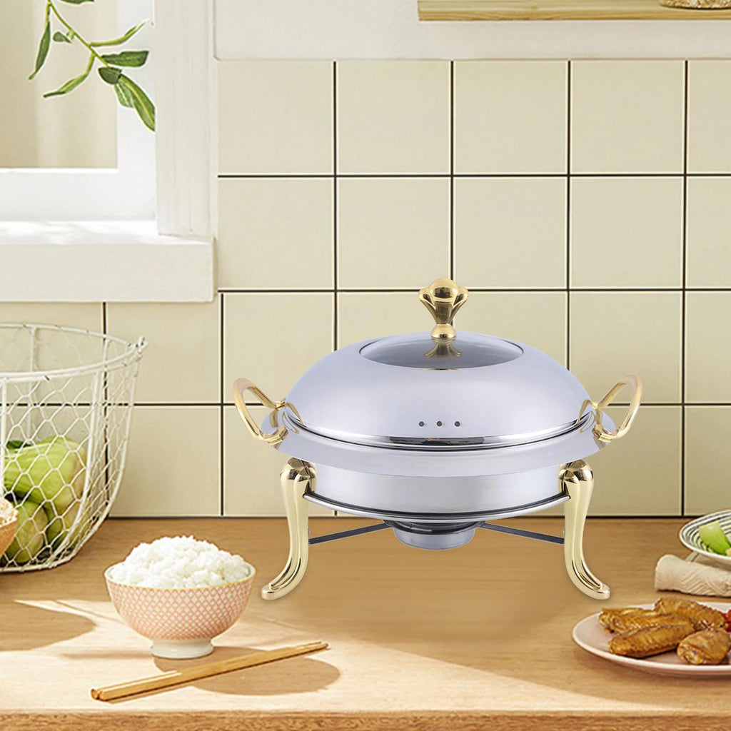 Stainless Steel Round Food Warmer with Glass Viewing Lid and Fuel Holder D5148