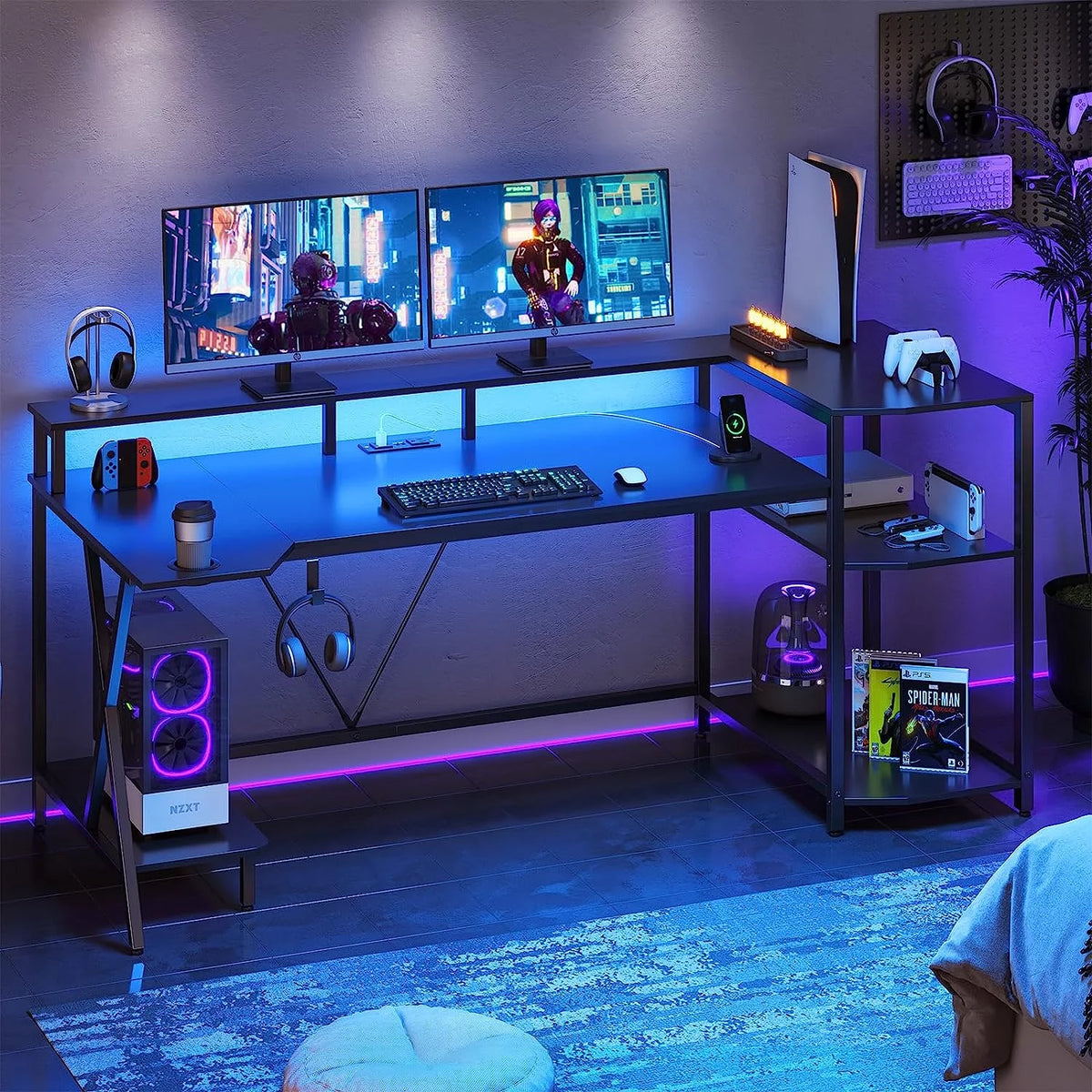 70.8'' Black Computer Desk with LED Lights and Storage Shelves H635681